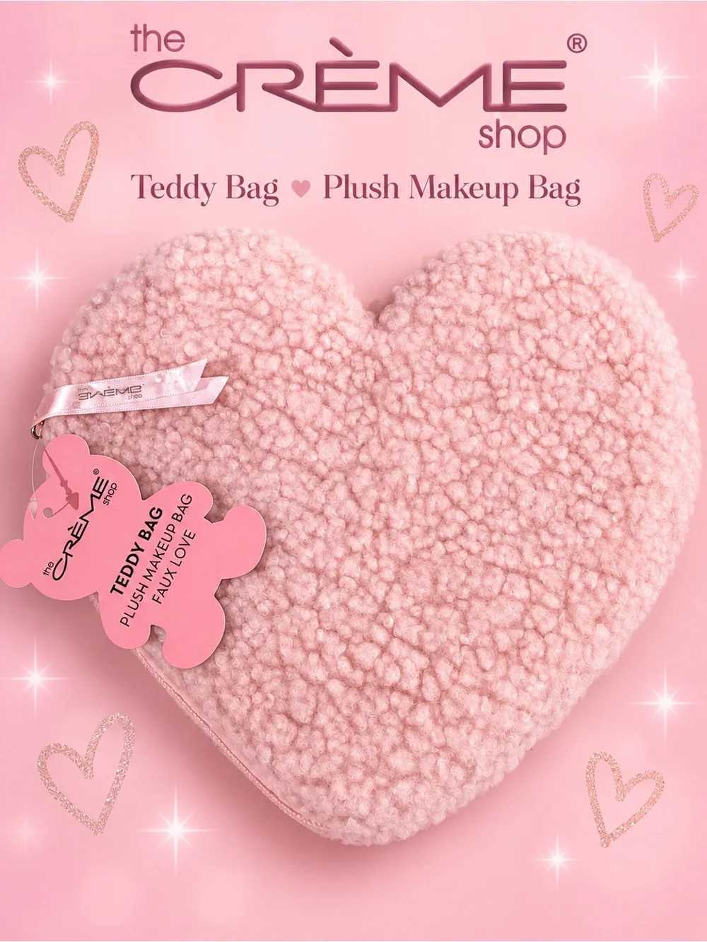 The Crème Shop Teddy Bag Plush Heart Makeup Bag Pink Faux Love NWT